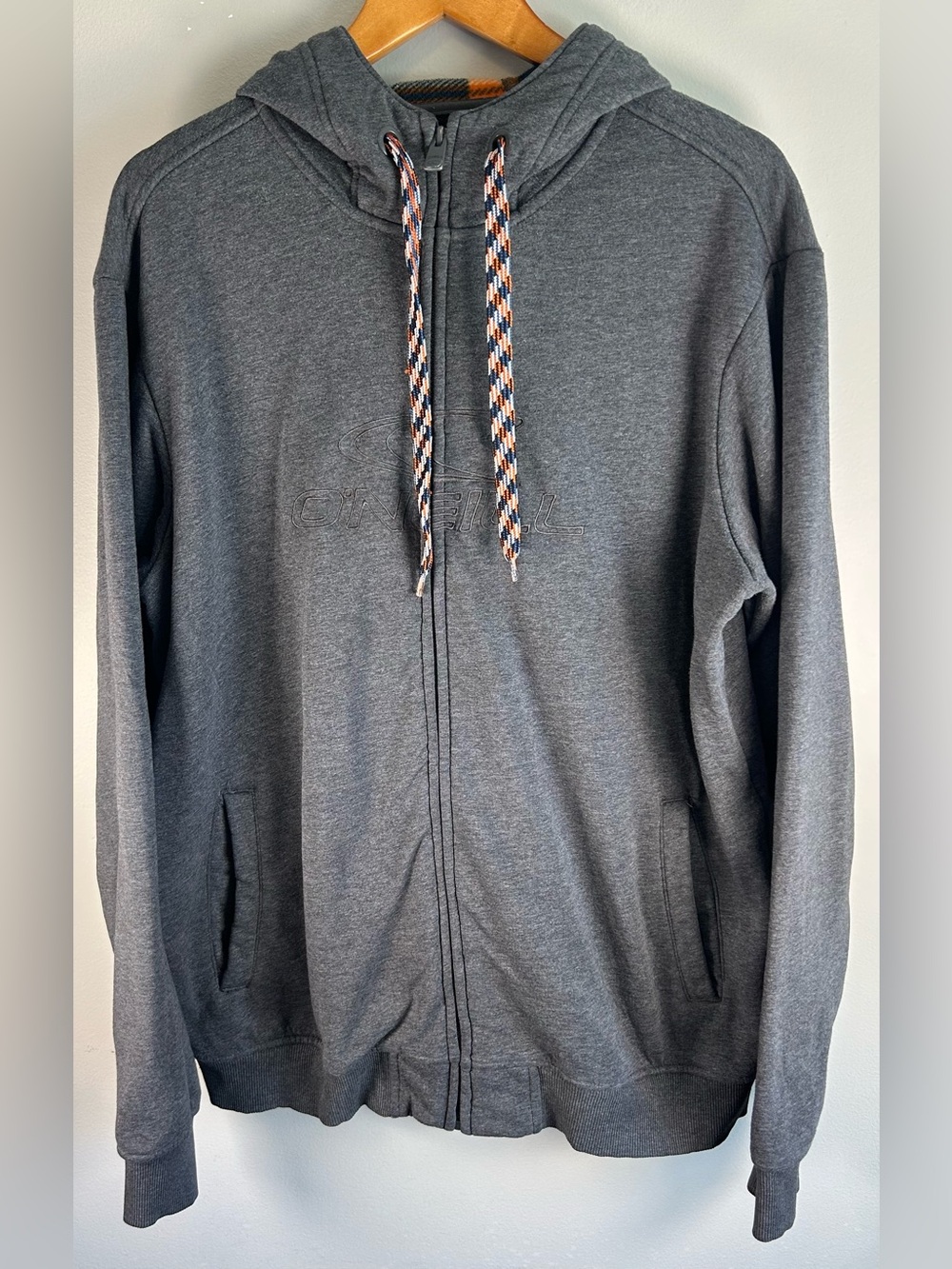 VTG O­’Neill Mens Hoodie Sweater Sz XXL Gray Embroidered Braided Drawstrings Y2K